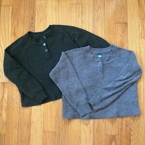 Bundle of 2 Cozy Cropped Long Sleeve Henley Tops - Forest Green and Charcoal